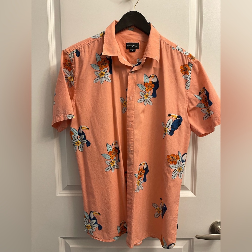 Barney Cools Peach Color Button Down Shirt with Toucans - Medium